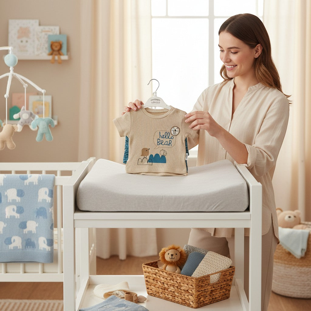 Stork And Baby beige waffle knit 2-piece set with bear and mountain graphic, petrol green trim.