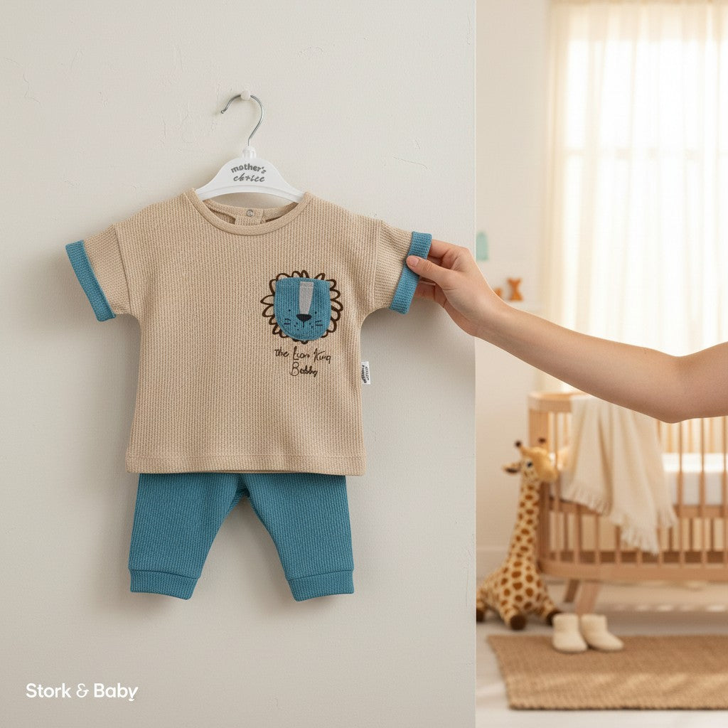 Stork And Baby beige waffle knit 2-piece set with blue trim and a lion graphic on the chest.