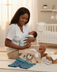 Stork And Baby beige waffle knit romper with blue bear print and matching blue patterned pants for baby boy, 6 months.