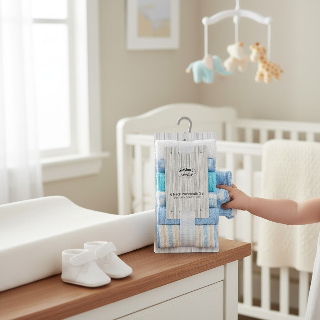 Stork And Baby Mothers Choice 6 pack baby washcloth set in blue and white stripes, soft and absorbent cotton.