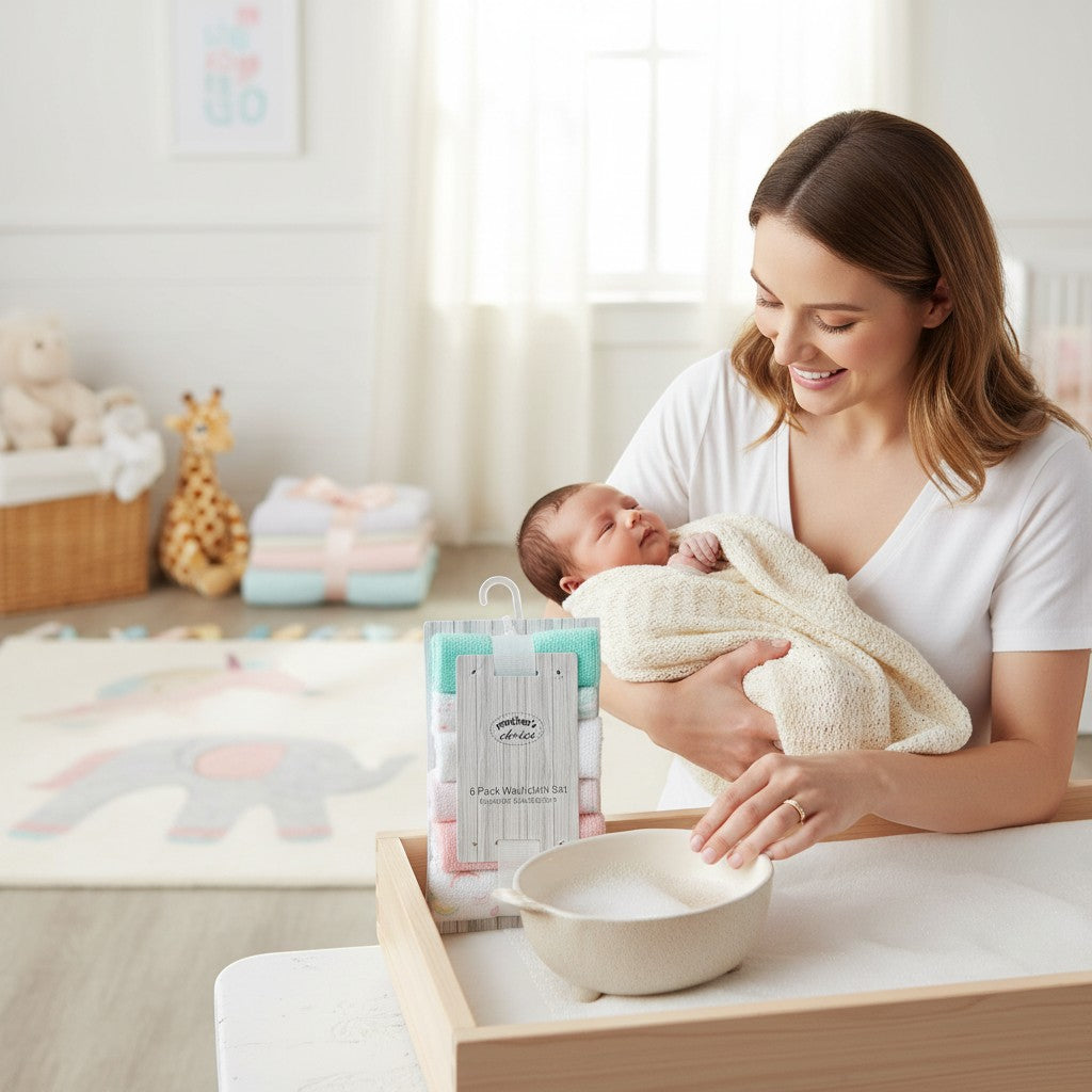 Stork And Baby Mothers Choice 6 pack washcloths in pink and rainbow colors, soft and absorbent for baby care.