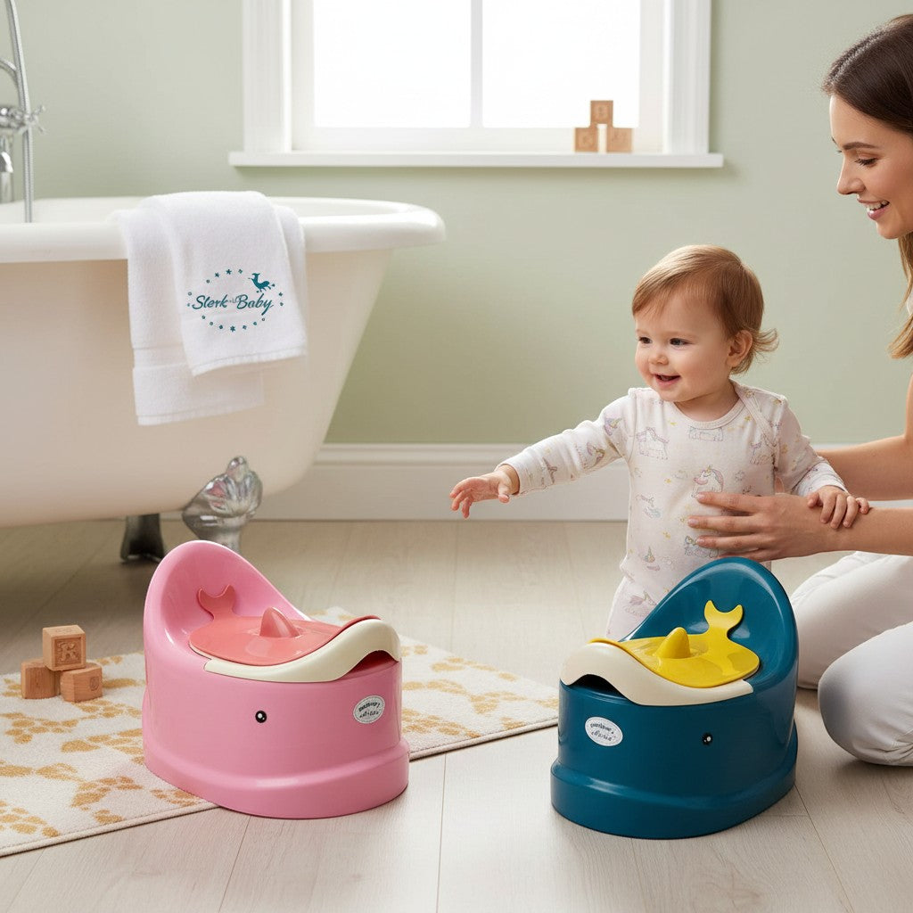 Stork And Baby pink and blue whale-shaped baby potty seats with comfortable seating for toddlers.