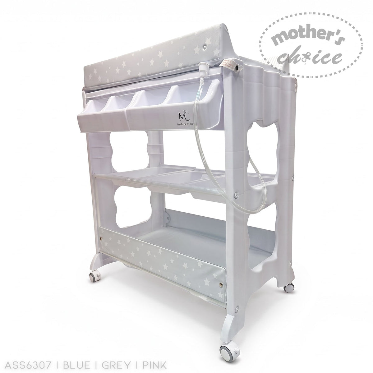 Stork And Baby white baby bath caddy with star pattern changing mat, storage shelves, and drainage hose on wheels