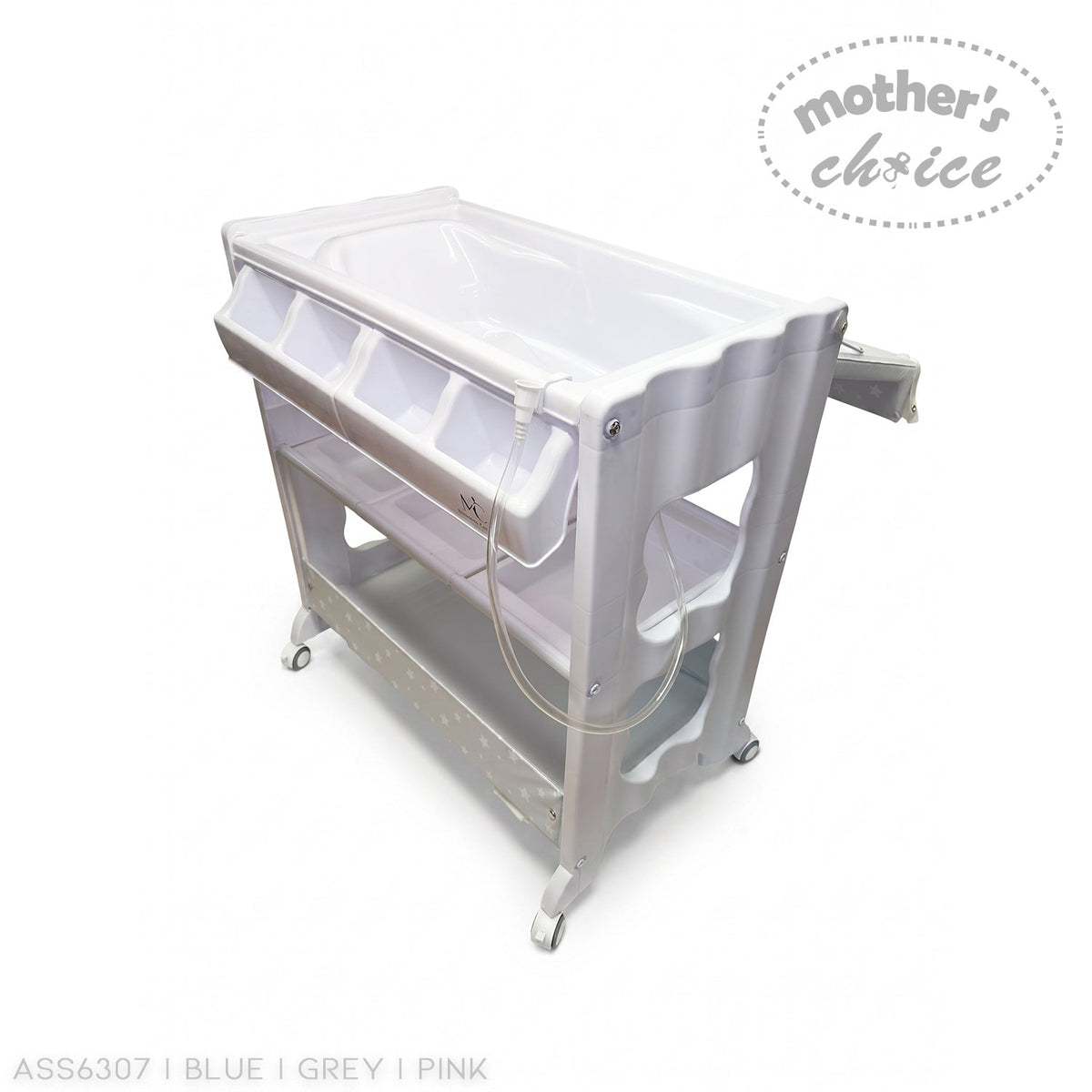 Stork And Baby white plastic baby bath caddy with storage shelves, drainage tube, and lockable wheels