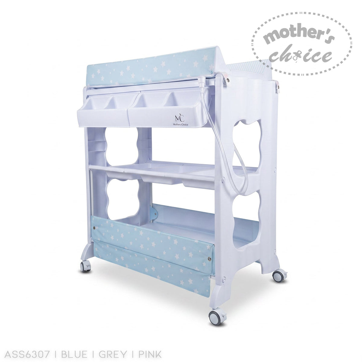Stork And Baby white baby bath caddy with blue star print changing mat and storage shelves on wheels