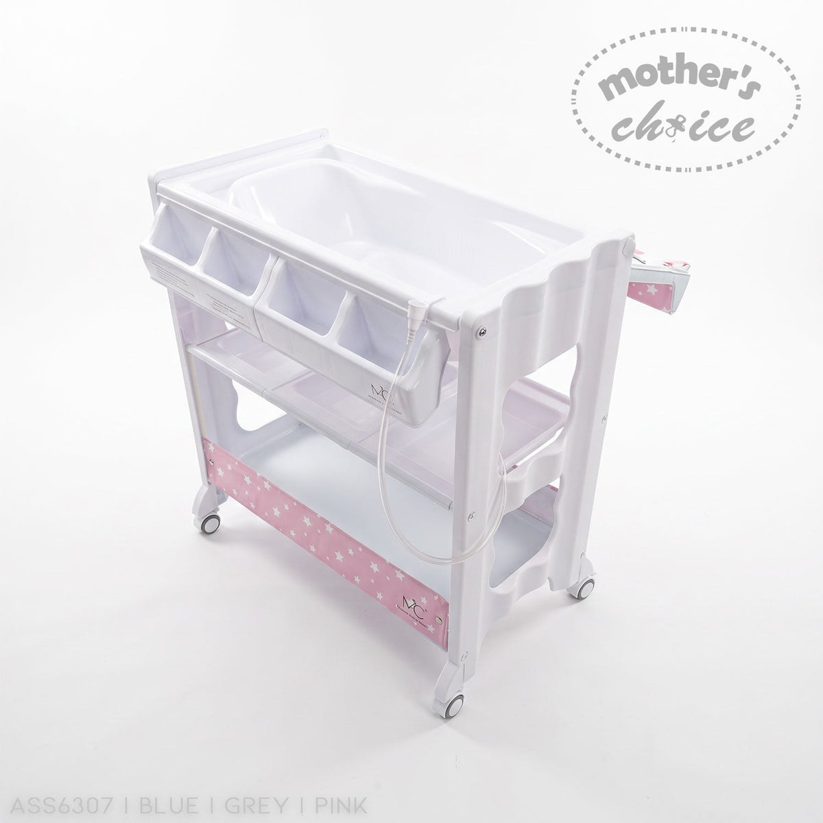Stork And Baby white baby bath caddy with pink star pattern storage shelf and wheels for easy mobility