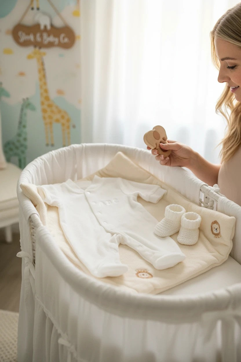 Stork And Baby white 3-6 month baby growsuit with silver embroidery, booties, and lion print mat.