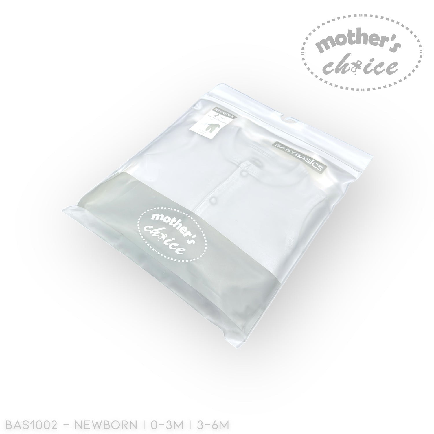 Stork And Baby white 2-piece babygrow set with snap closures, packaged in a clear bag.