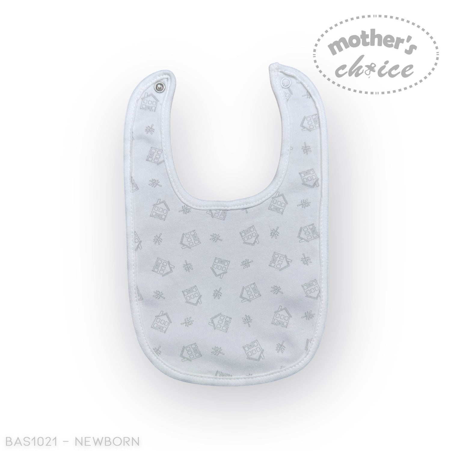 Stork And Baby white bib with grey house and leaf pattern, soft cotton for newborns