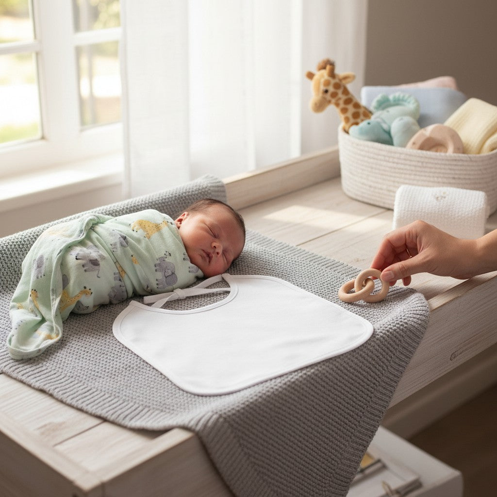 Stork And Baby white double knit bib with tie-up closure, perfect for feeding time spills and drool.