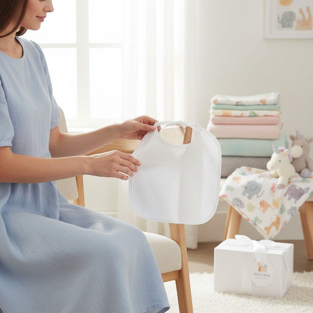 Stork And Baby white baby bib with PVC backing and tie-up closure for mess-free feeding.