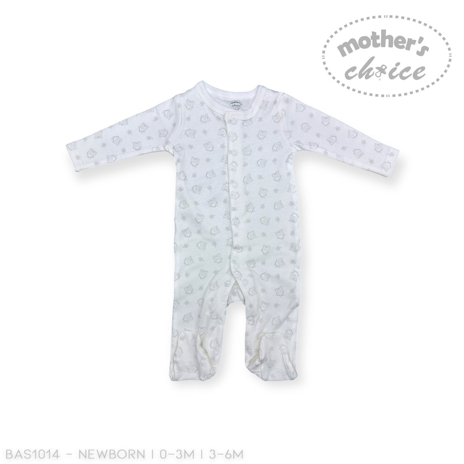 Stork And Baby white babygrow with all-over grey cat print and snap closures. Long sleeves and footies.