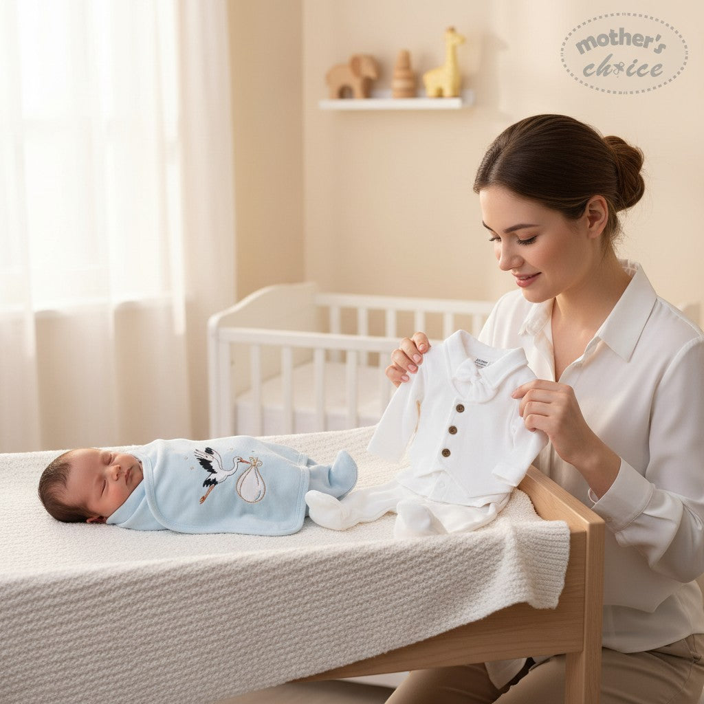 Stork And Baby white 5-piece 0-3 month cotton baby starter pack with buttons and bow tie. Newborn swaddled in blue.