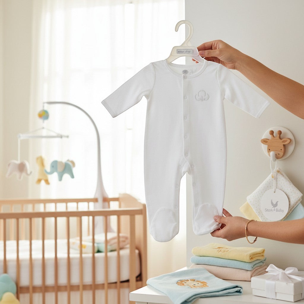 Stork And Baby white cotton babygrow with snap closure and embroidered cotton detail. Newborn essentials.