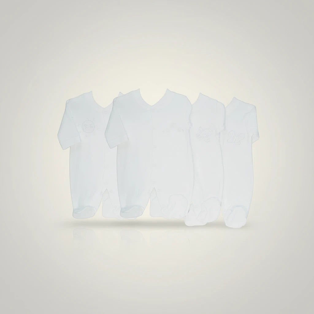 Stork And Baby white 100% cotton babygrows for premature babies. Pack of 2 with subtle embroidered details.