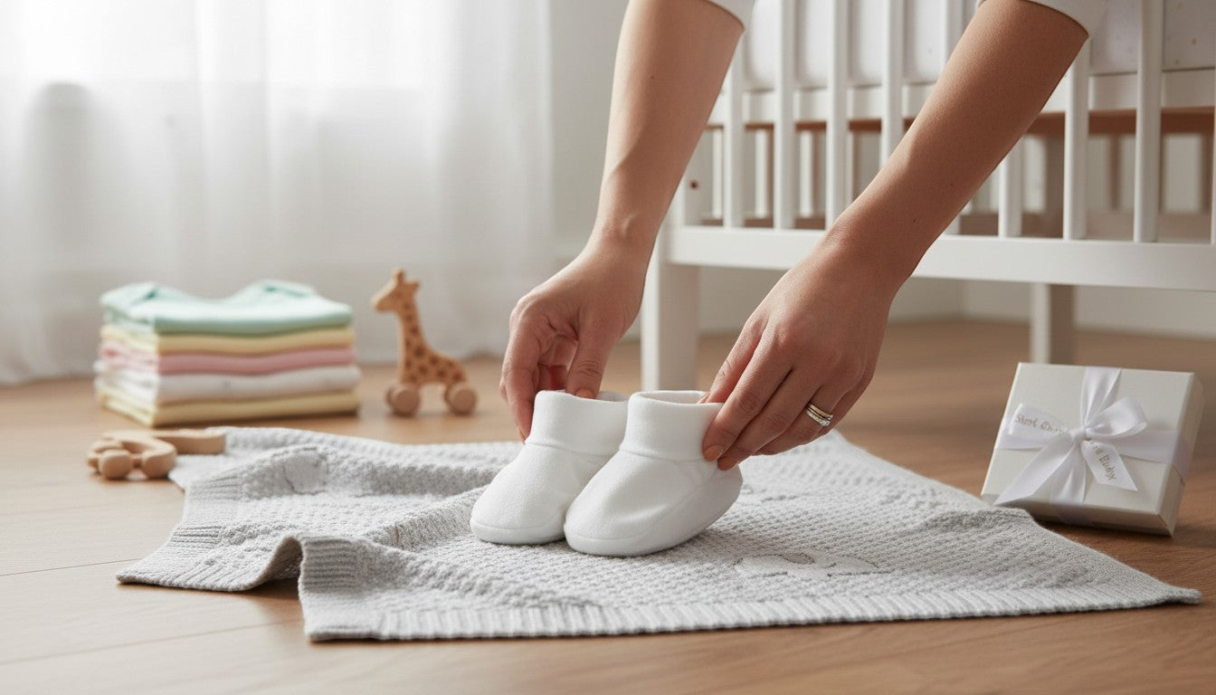 Stork And Baby white 100% cotton infant booties on a grey blanket next to a crib and baby clothes.