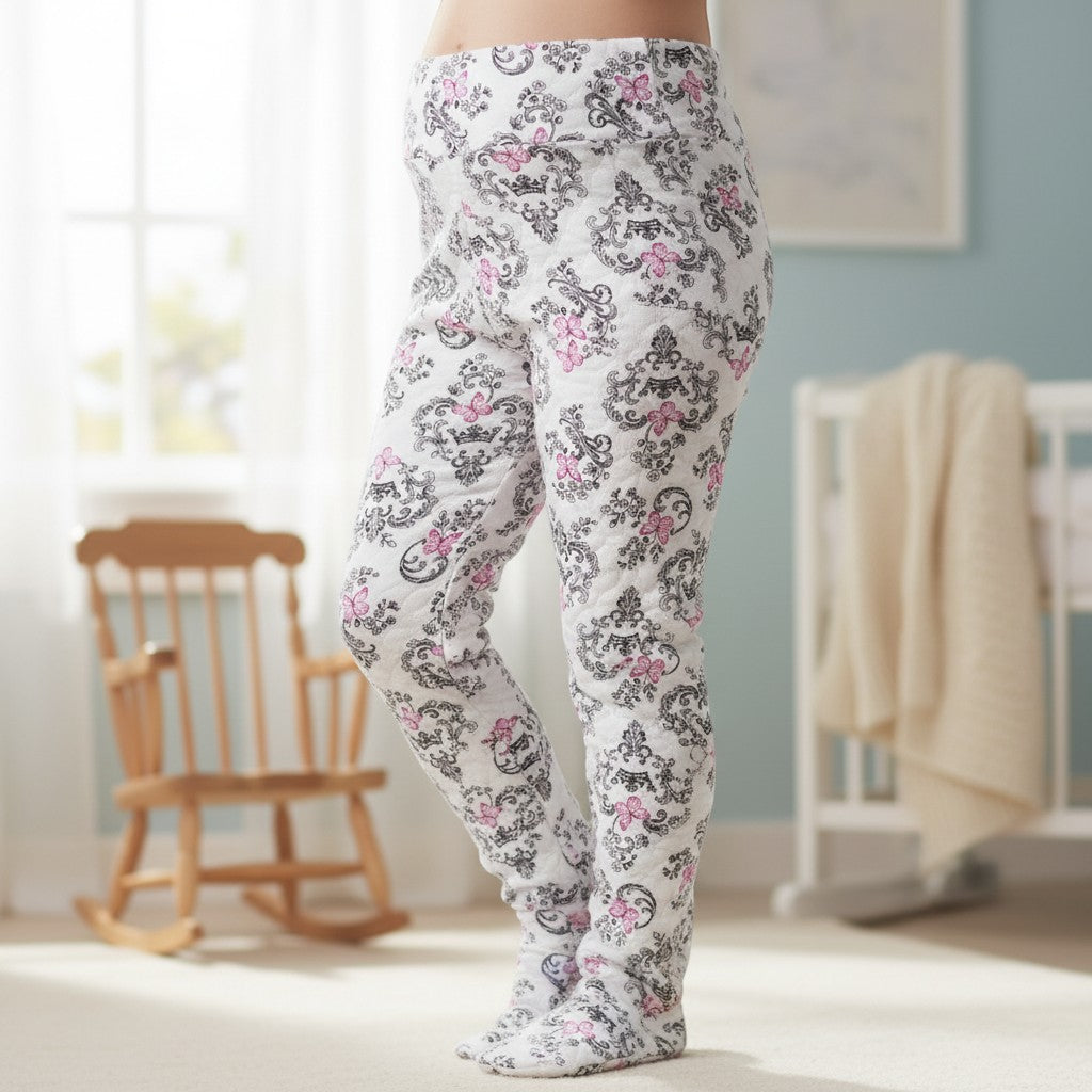 Stork And Baby white 100% cotton leggings with pink and black damask print and butterflies. Comfortable fit.