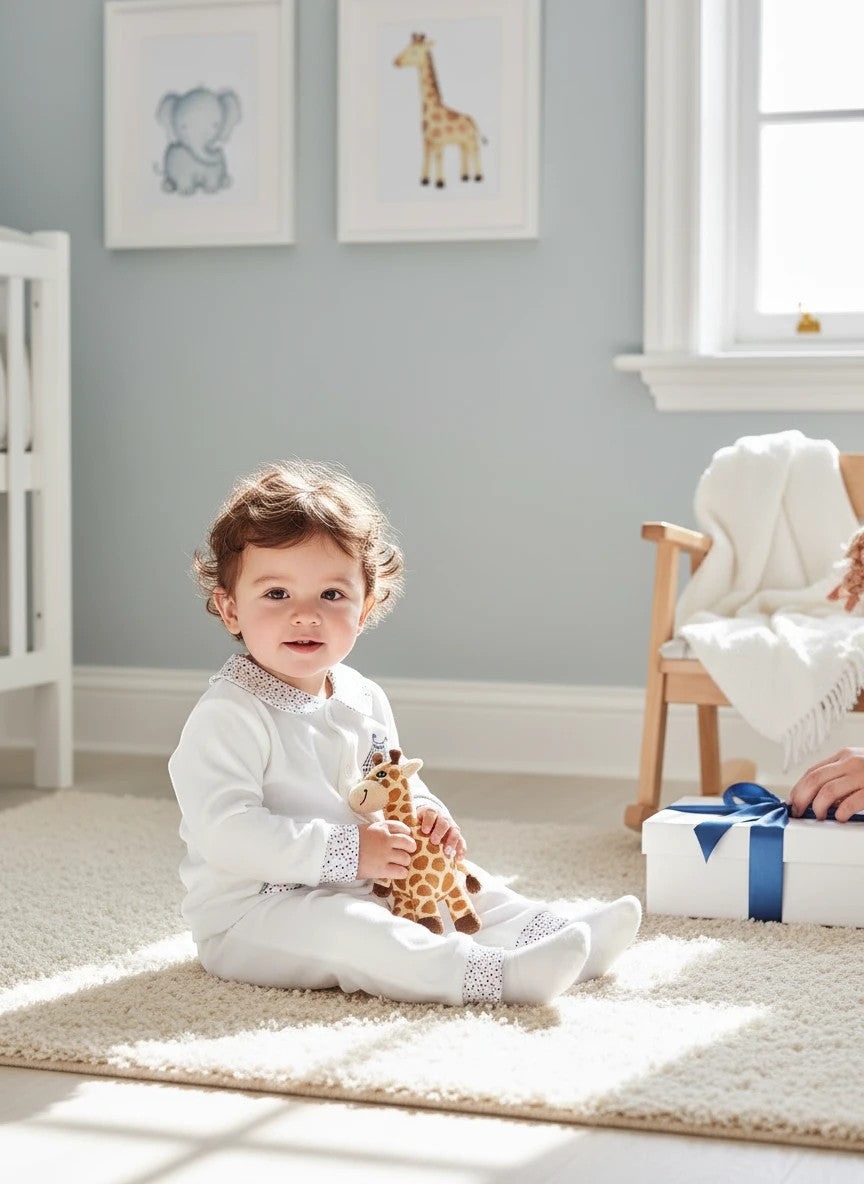 Stork And Baby white 100% cotton long sleeve baby set with navy polka dot trim. Baby sits on rug holding giraffe toy.