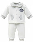 Stork And Baby white 100% cotton long sleeve set with boat embroidery and checkered trim.