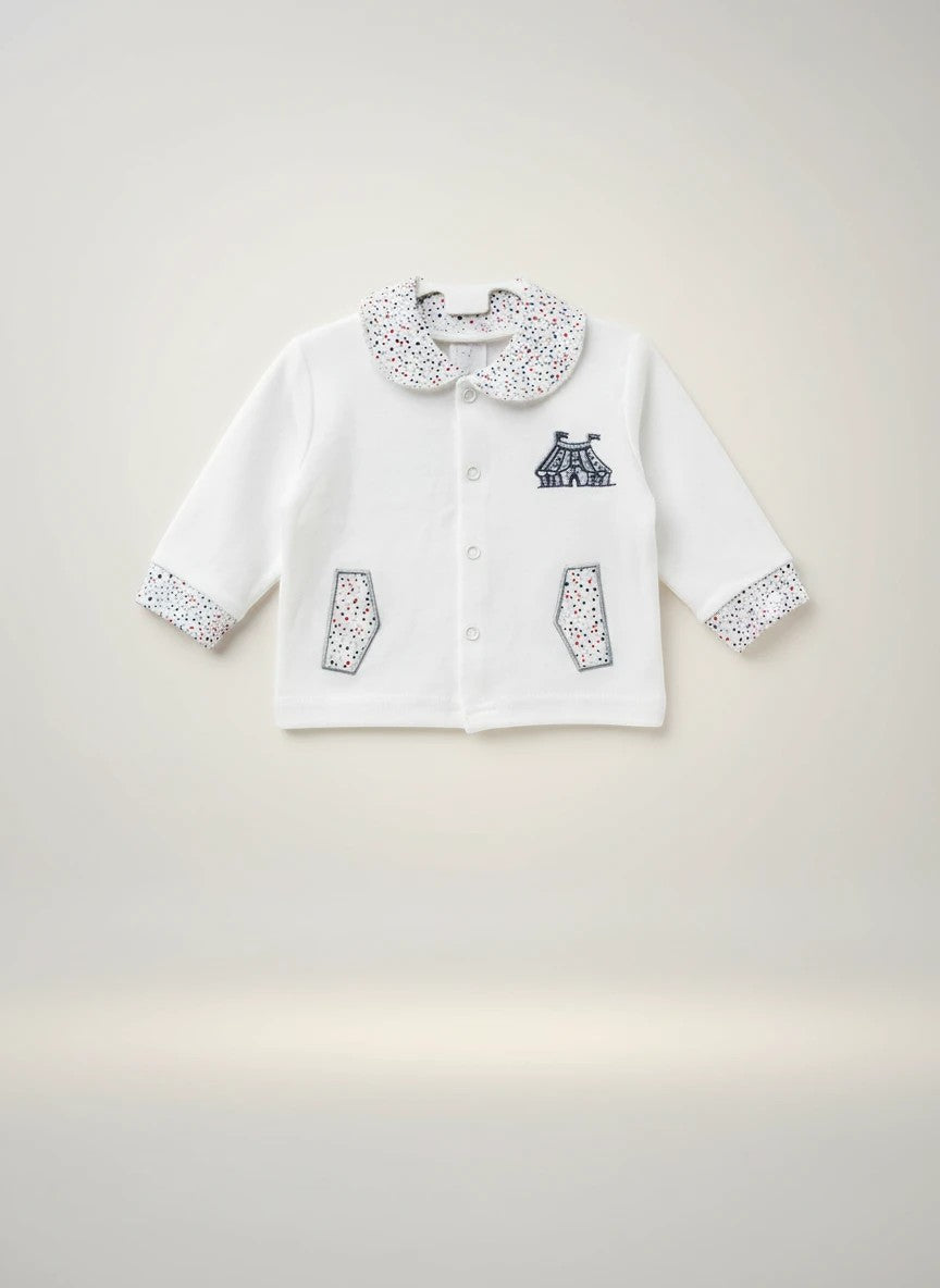 Stork And Baby white 100% cotton long sleeve baby set with circus tent embroidery and confetti print trim.