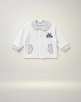 Stork And Baby white 100% cotton long sleeve baby set with circus tent embroidery and confetti print trim.