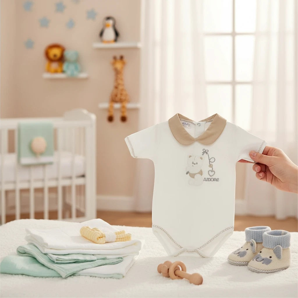 Stork And Baby white 100% combed cotton baby romper with a teddy bear and 'Amore' embroidery, tan collar.