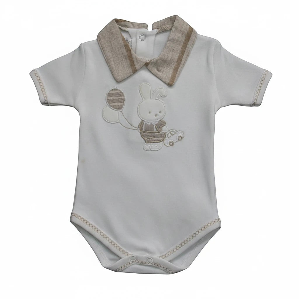 Stork And Baby white 100% combed cotton baby romper with embroidered bunny, balloon, and car. Neutral design.
