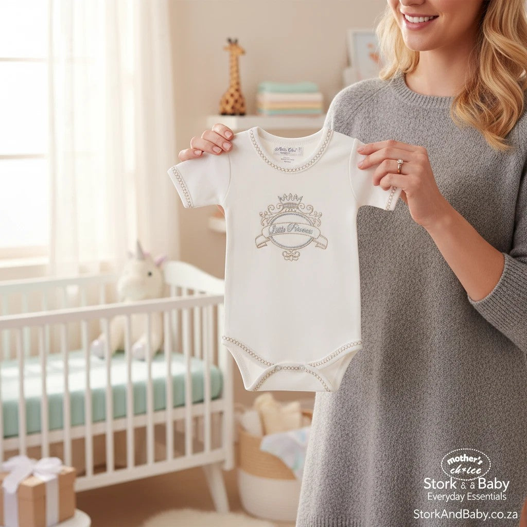 Stork And Baby white 100% combed cotton baby girl's romper with "Little Princess" embroidery and crown detail.