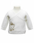 Stork And Baby white crossover knit cardigan with a gold sheep graphic and "mon adorable" text.
