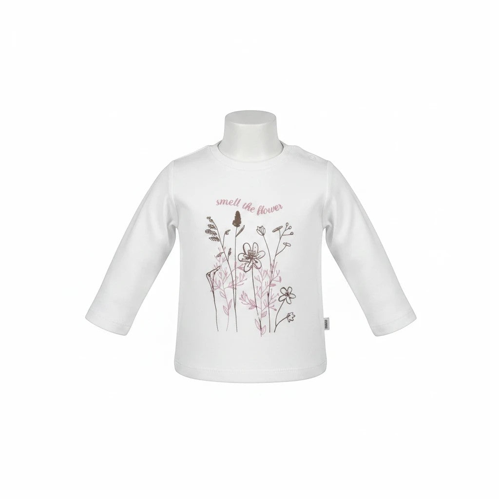 Stork And Baby white long-sleeve baby t-shirt with floral graphic and "smell the flower" text.