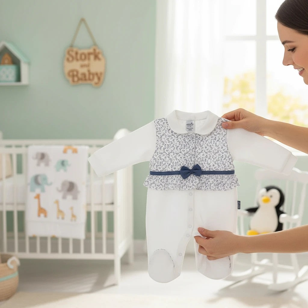 Stork And Baby white long sleeve baby romper with a floral print bodice and blue bow detail