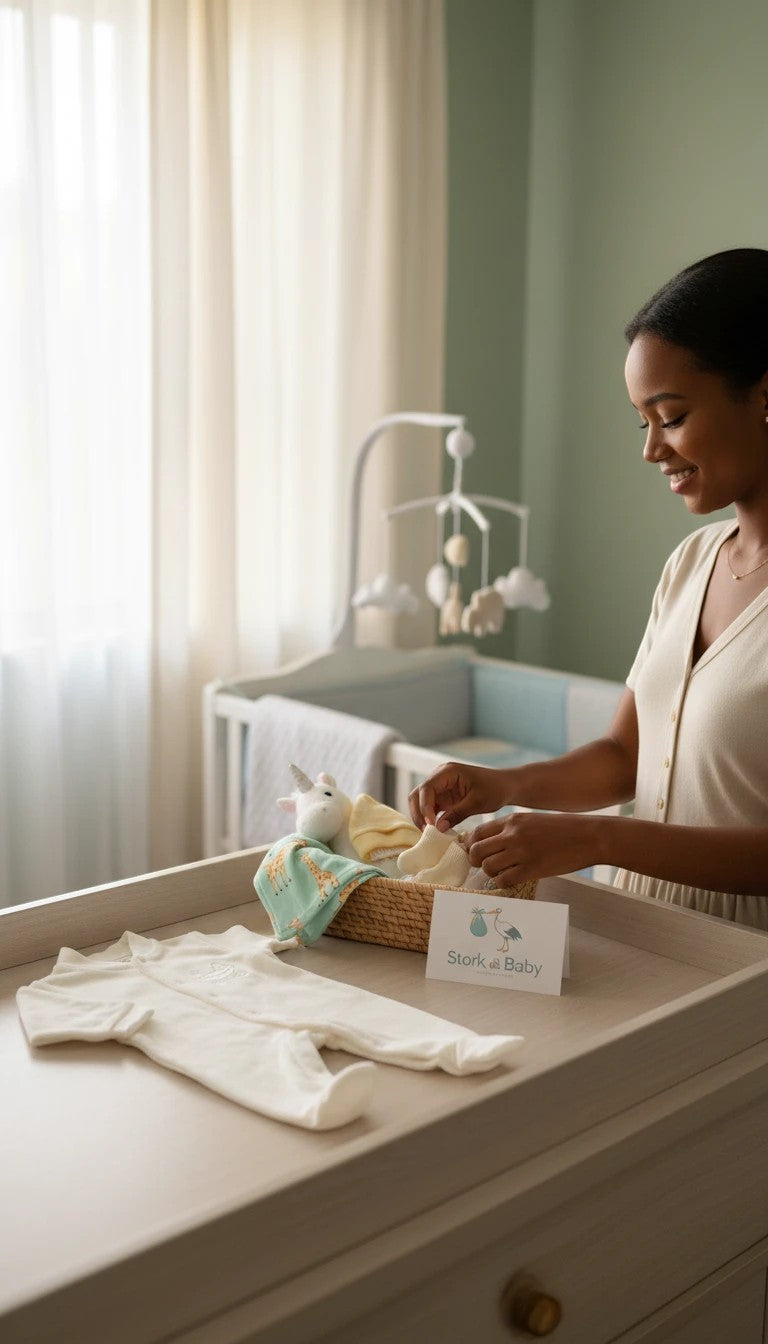 Stork And Baby white footed sleeper with silver embroidery. A woman is organizing baby clothes in a nursery.