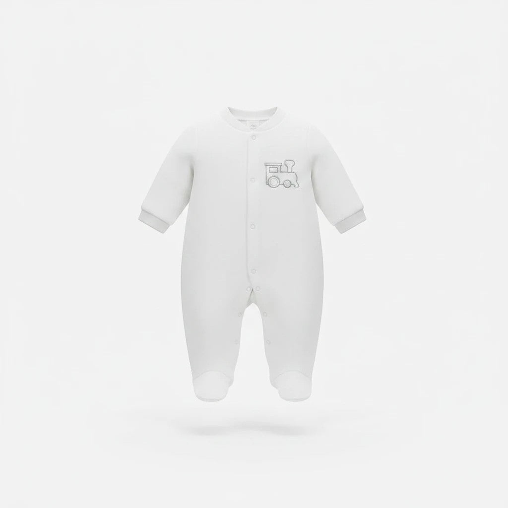 Stork And Baby white footed sleeper with silver train embroidery, 6-9 months