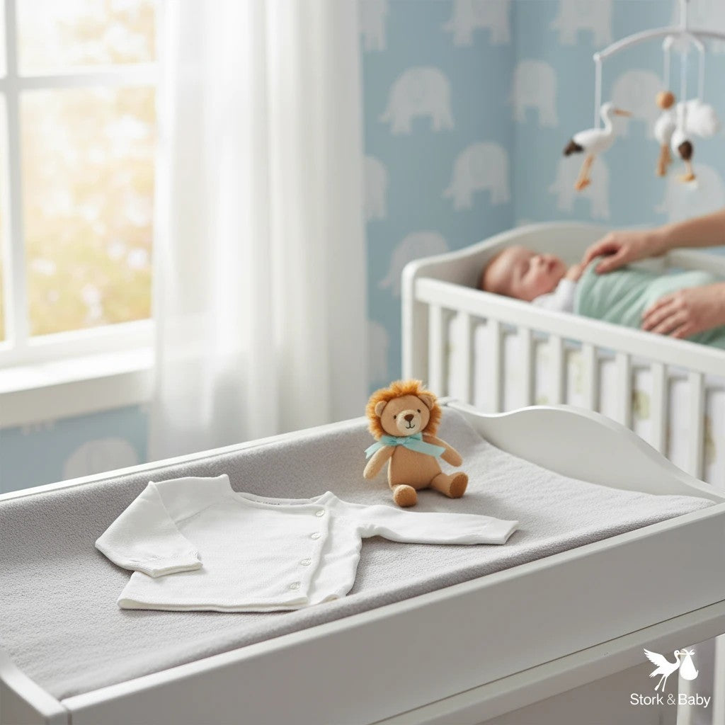 Stork And Baby white knit infant cardigan with button front and soft fabric. A plush lion toy sits nearby.