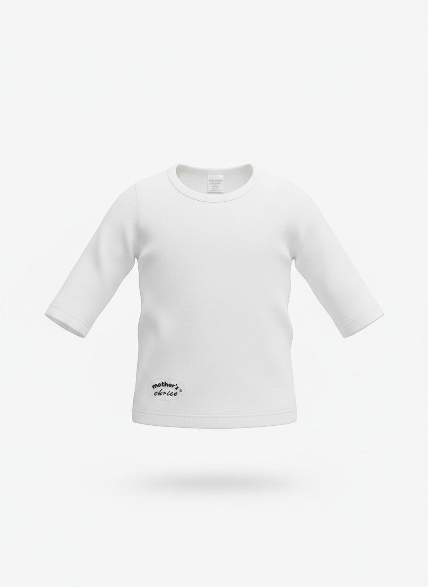 Stork And Baby white long sleeve infant vest with a small oval logo on the lower left side.
