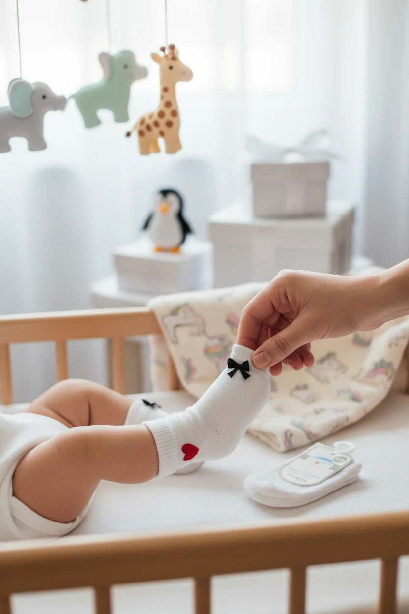 Stork And Baby white infant tights with red heart and black bow details, soft stretchy fit for comfort.