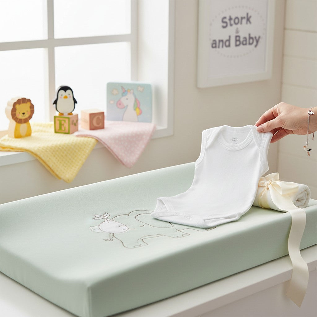 Stork And Baby white sleeveless infants bodyvest made of soft cotton, perfect for layering or warm days.