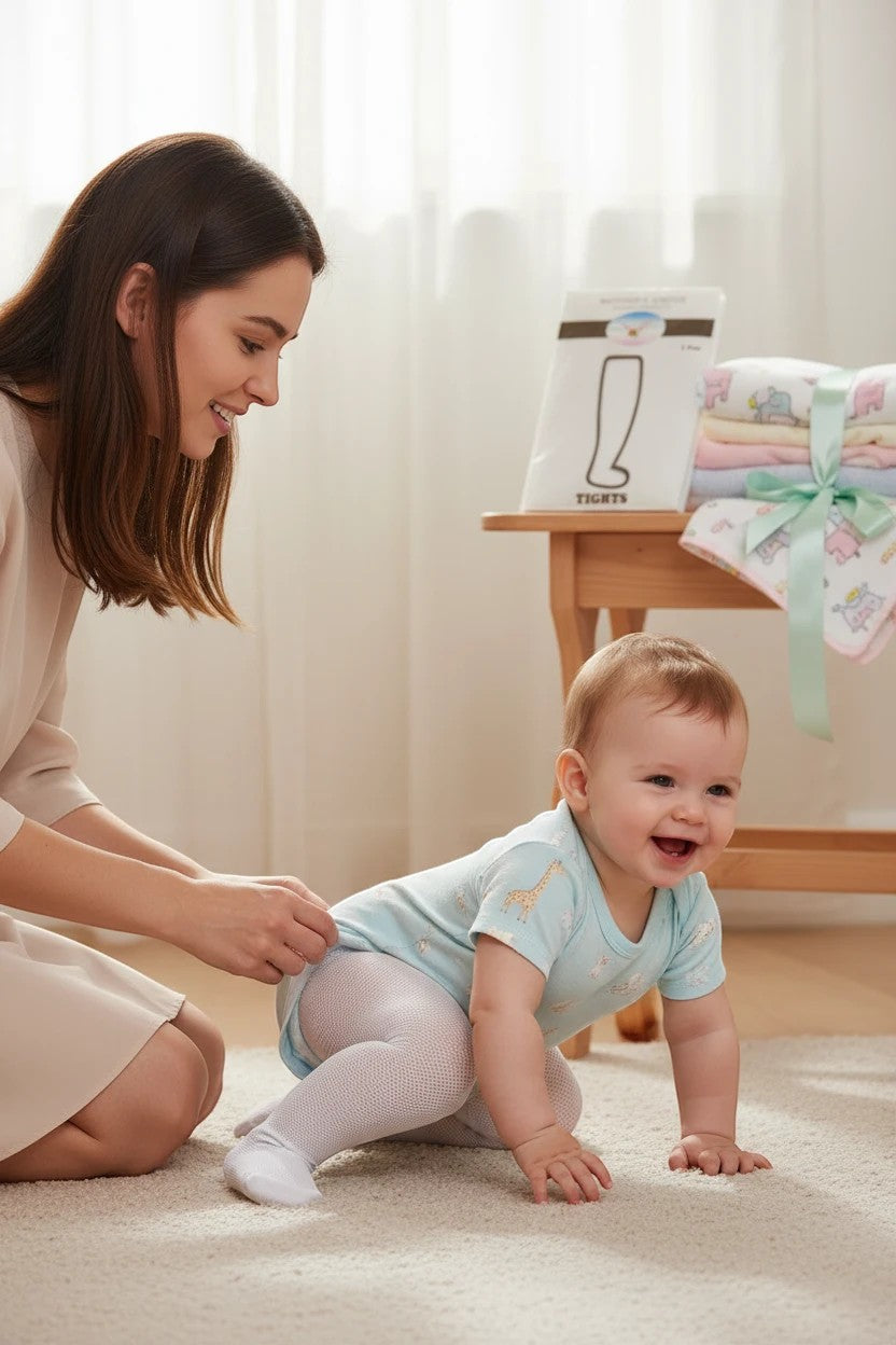 Stork And Baby white lace leggings for infants, soft stretchy fit with delicate timeless charm.