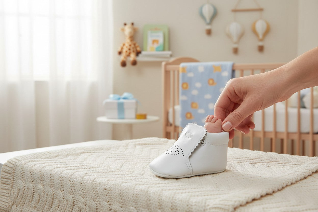 Stork And Baby white leather golfer shoes for baby boys with perforated detail and scalloped trim.