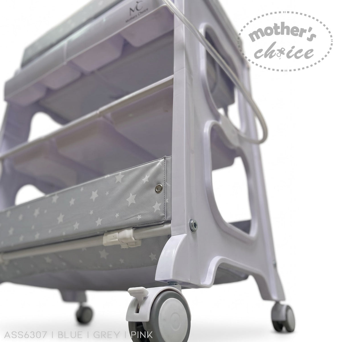 Stork And Baby white plastic baby bath caddy with grey star-patterned storage shelves and lockable wheels