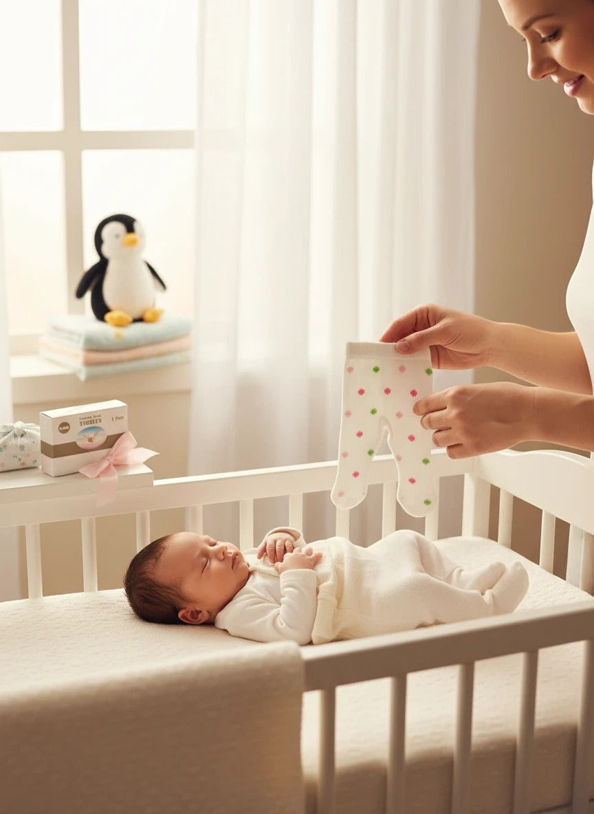 Stork And Baby white baby tights with pink and green polka dots, 0-6 months size