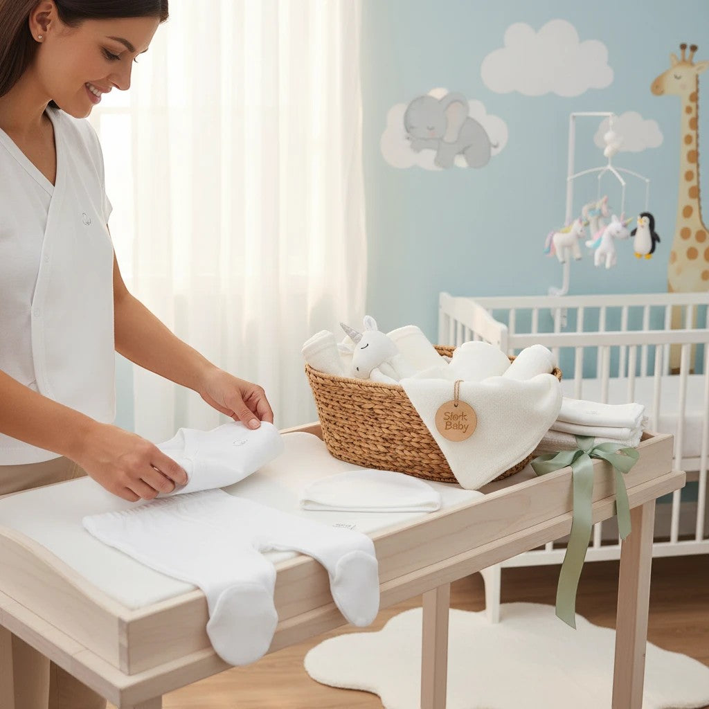 Stork And Baby white 5-piece preemie set with footed onesie, hat, bib, and blanket in a basket.