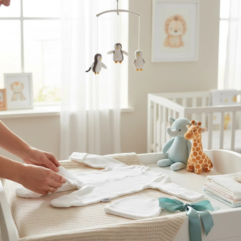 Stork And Baby white preemie grower and hat set made of soft cotton for newborns. Includes a footed sleeper and matching cap.
