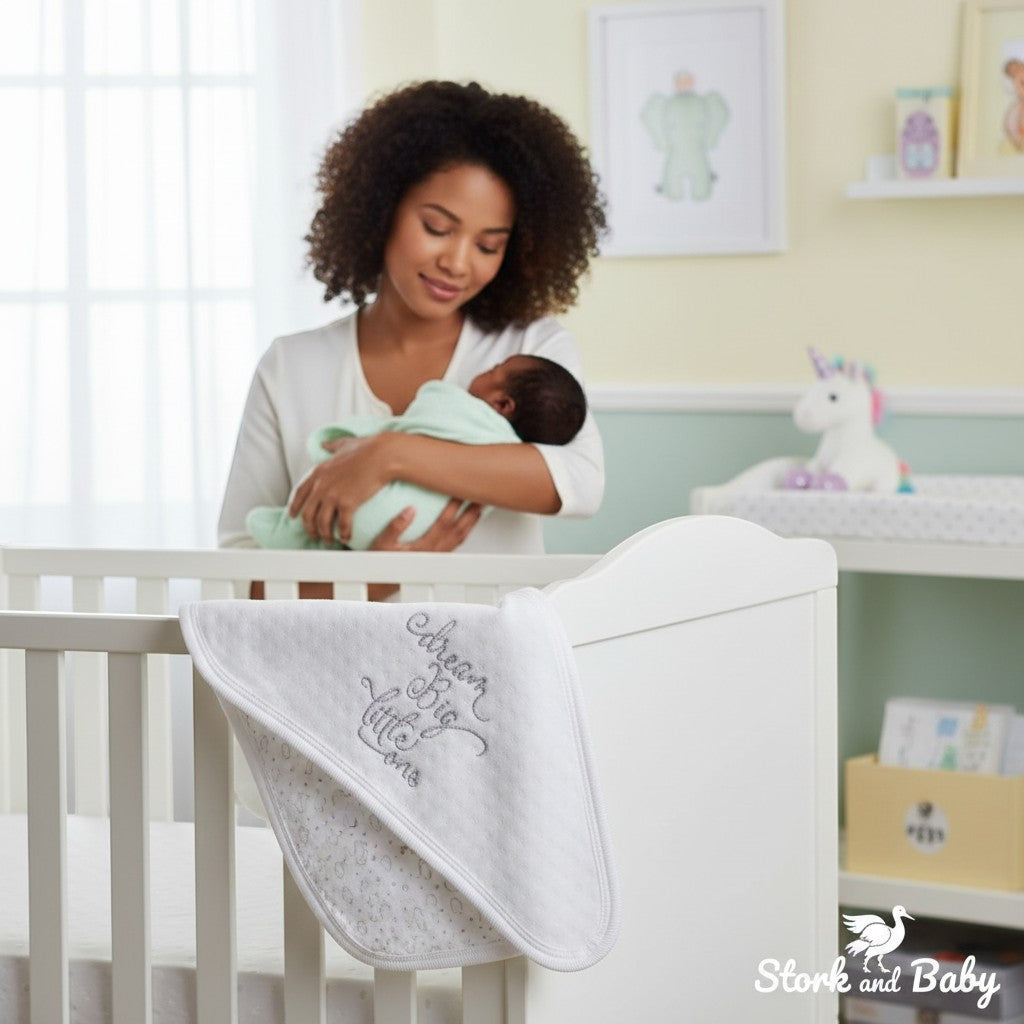 Stork and Baby white quilted cotton receiving blanket with "Dream Big Little One" embroidery and moon print.