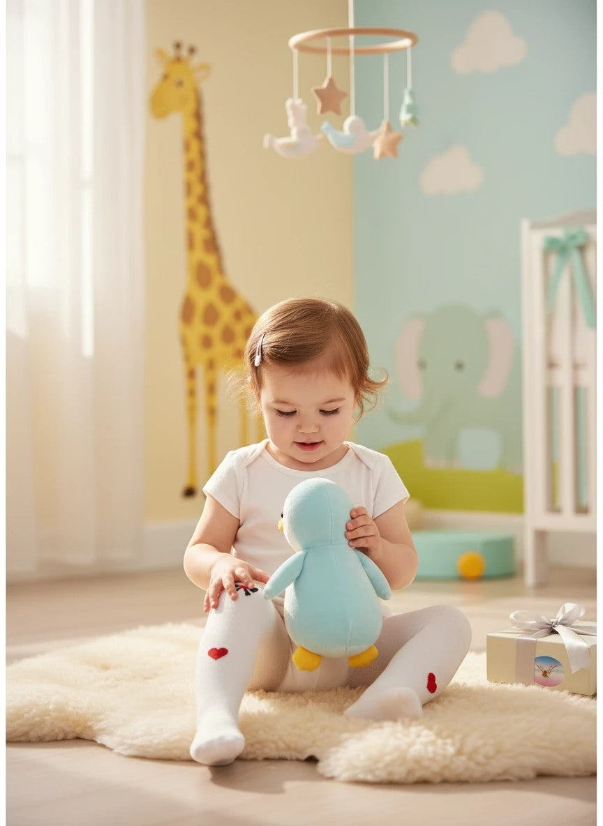 Stork And Baby white tights for infants with red heart detail. For ages 0-6 months.