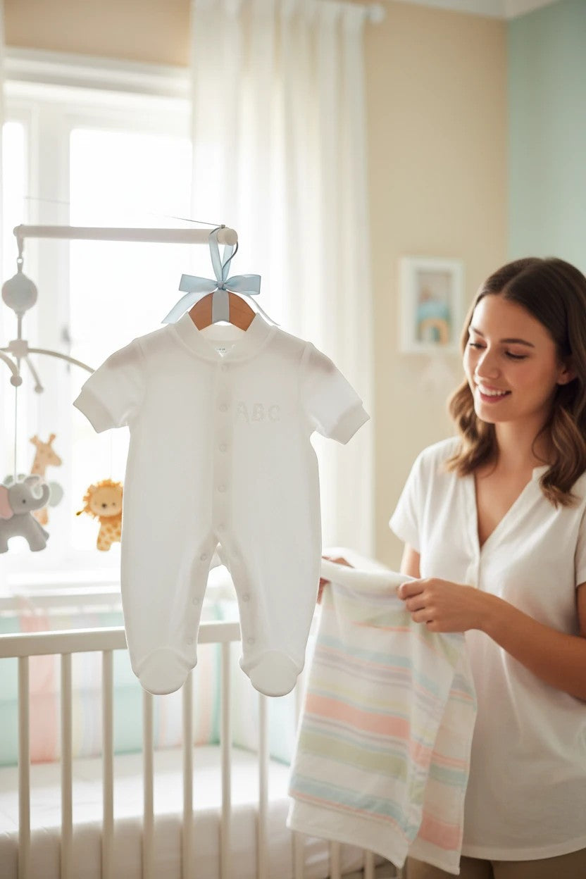 Stork And Baby white velour baby growers with embroidered ABC, ideal for premature babies.