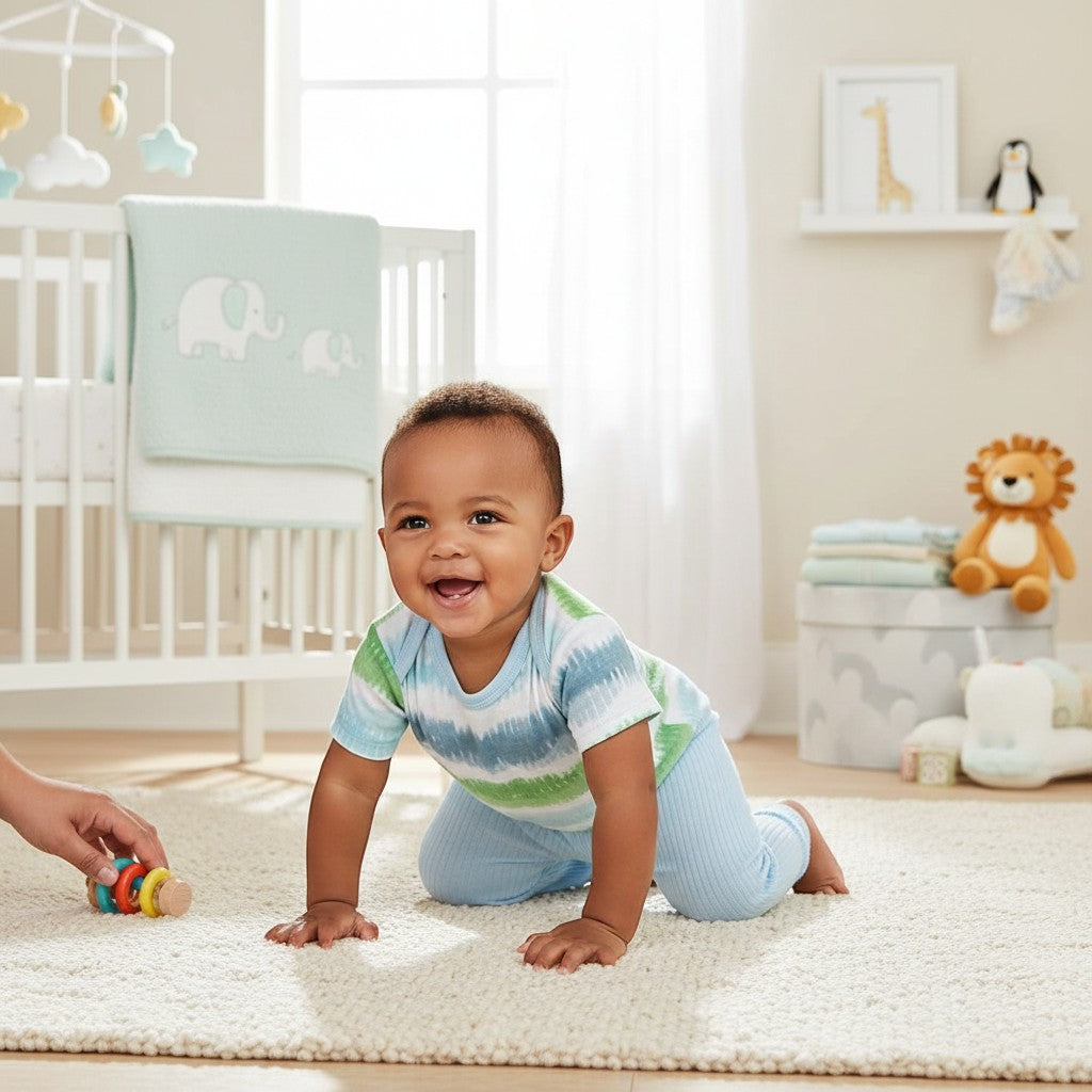 Stork And Baby 'Wild At Heart' 3 piece set with blue and green tie-dye onesie and light blue ribbed pants.