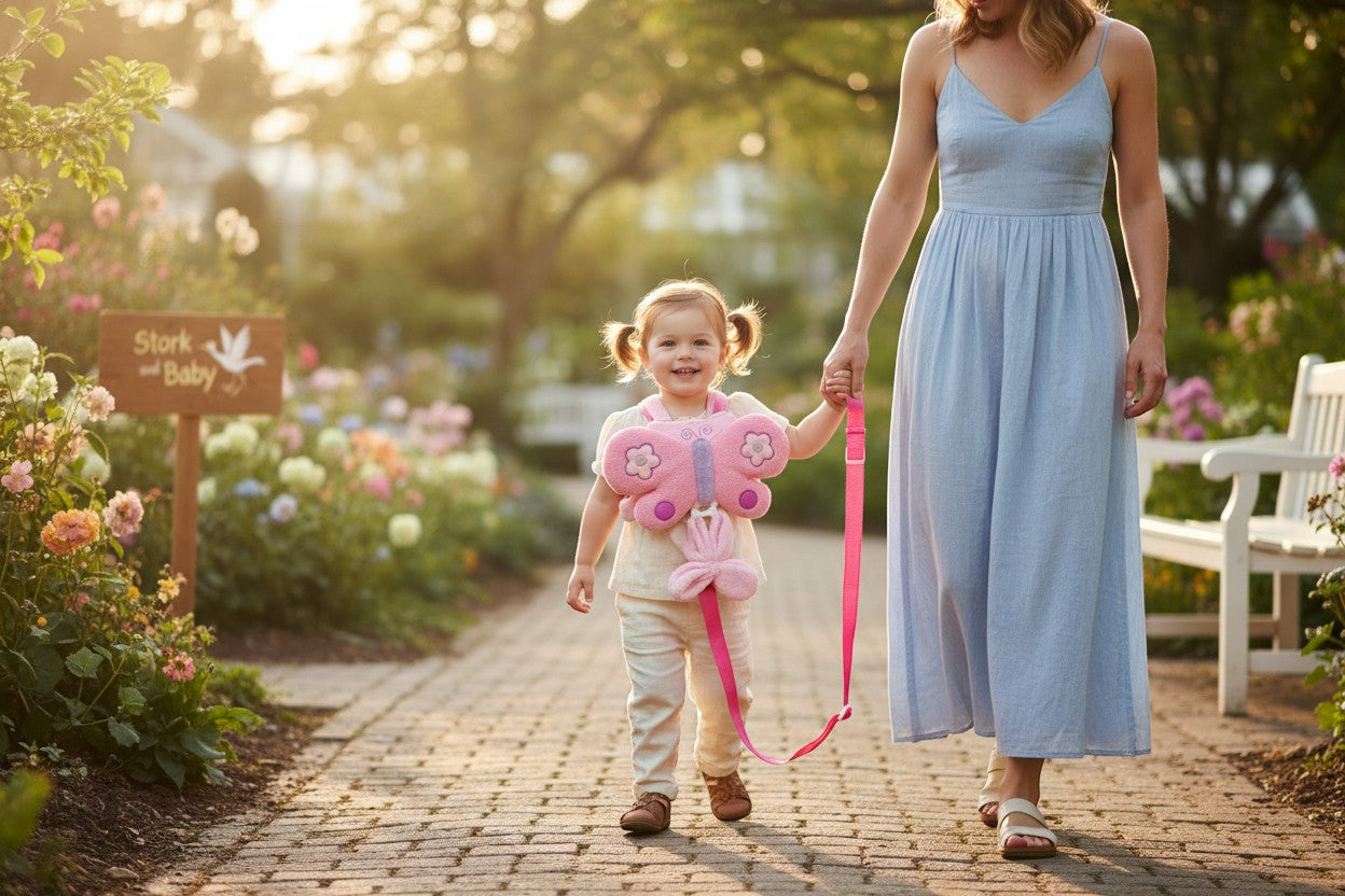 Stork And Baby pink butterfly harness with leash for toddlers, worn by a child walking with a woman in a garden.