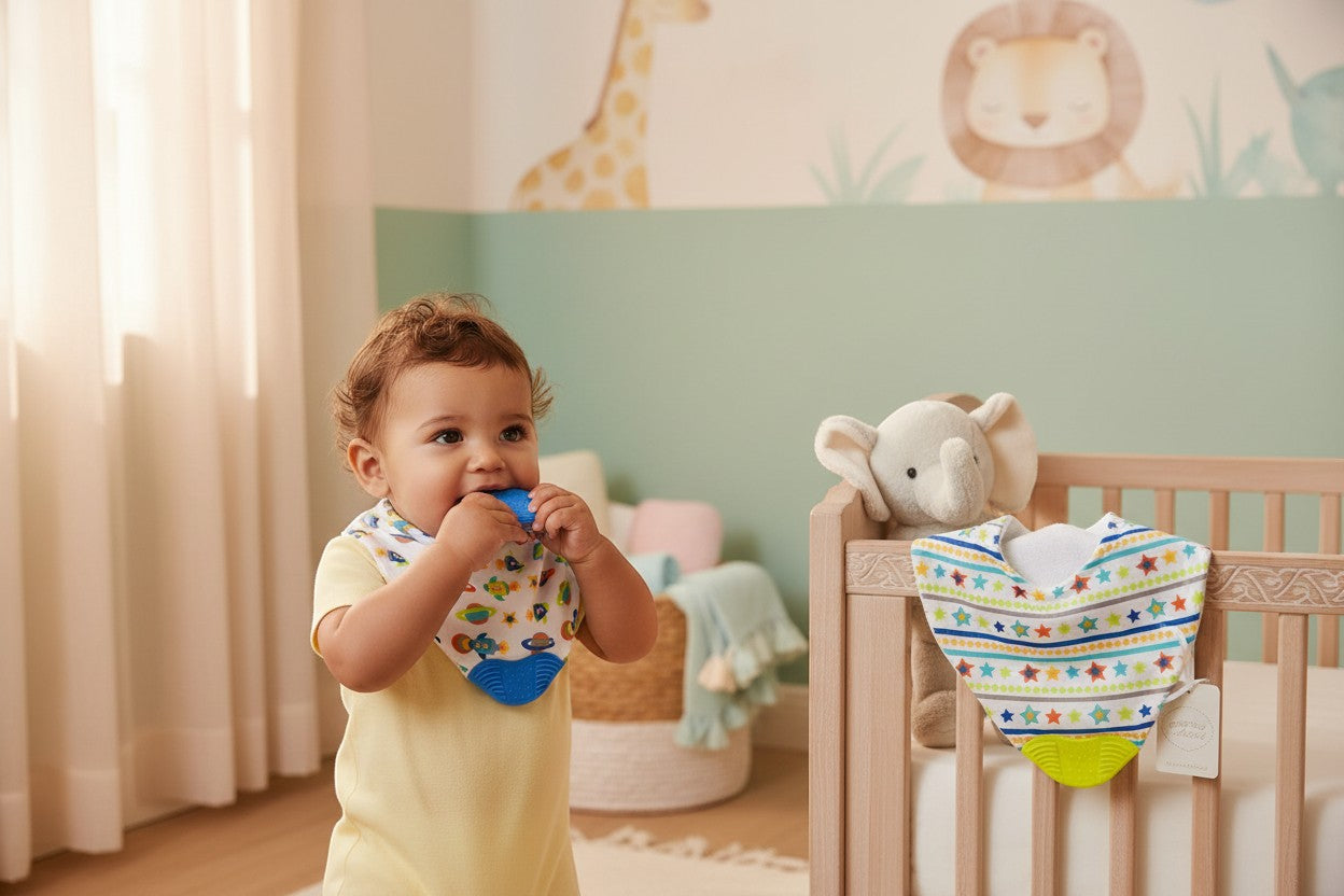 Stork And Baby Mothers Choice 2 Pack Teether Bibs in space theme with planets and stars. Blue teether attached.