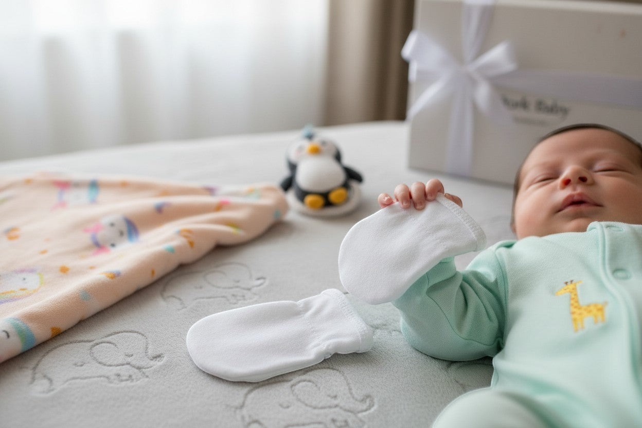 Stork And Baby white cotton baby mittens, soft and comfortable for newborns.